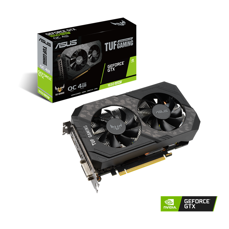 TUF Gaming GeForce GTX 1650 SUPER OC Edition 4GB GDDR6 Packaging and graphics card with NVIDIA logo