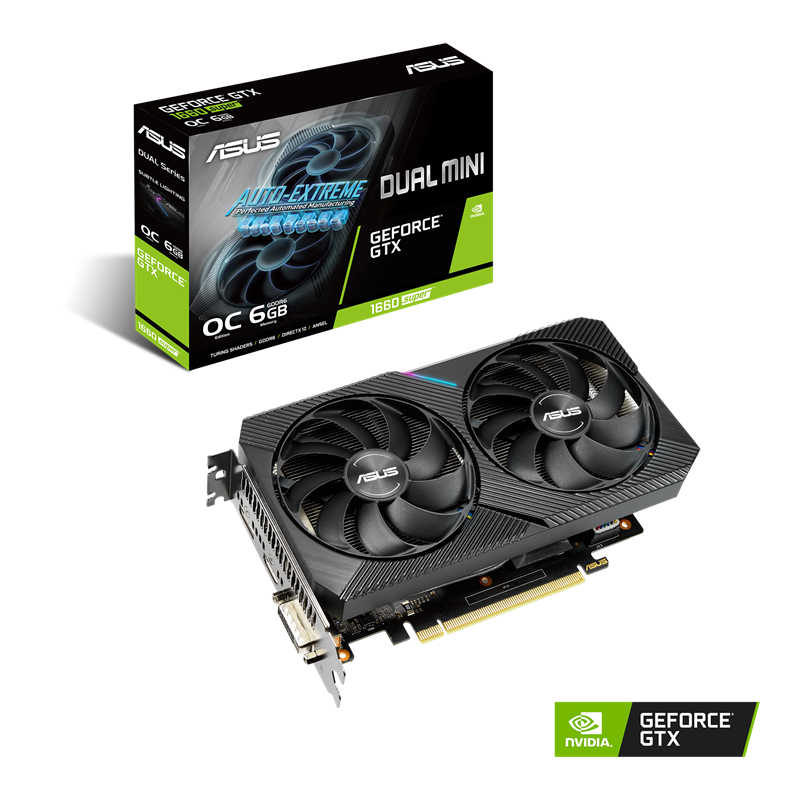 ASUS Dual GeForce GTX 1660 SUPER MINI OC edition 6GB GDDR6 packaging and graphics card with NVIDIA logo