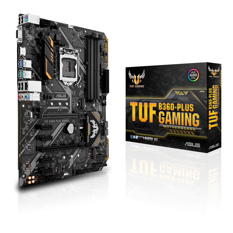 TUF B360-PLUS GAMING front view, 45 degrees, with color box