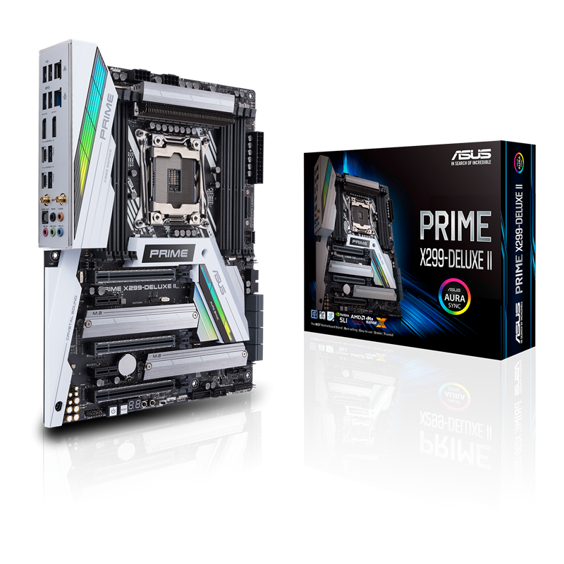 PRIME X299-DELUXE II front view, 45 degrees, with color box