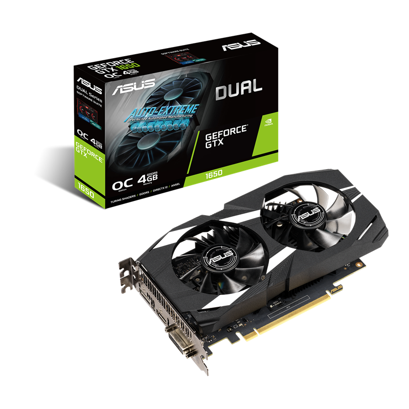 Dual GeForce GTX 1650 OC edition packaging and graphics card