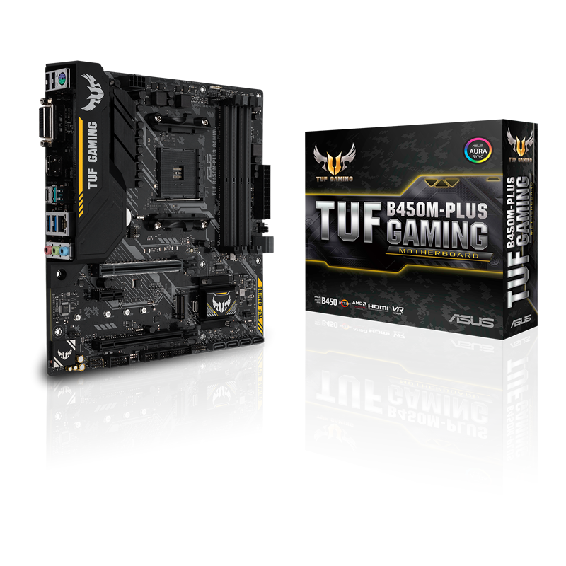 TUF B450M-PLUS GAMING front view, 45 degrees, with color box