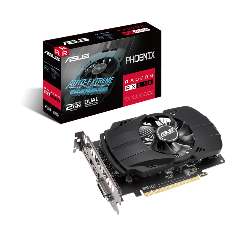 ASUS Phoenix Radeon™ RX 550 packaging and graphics card with AMD logo