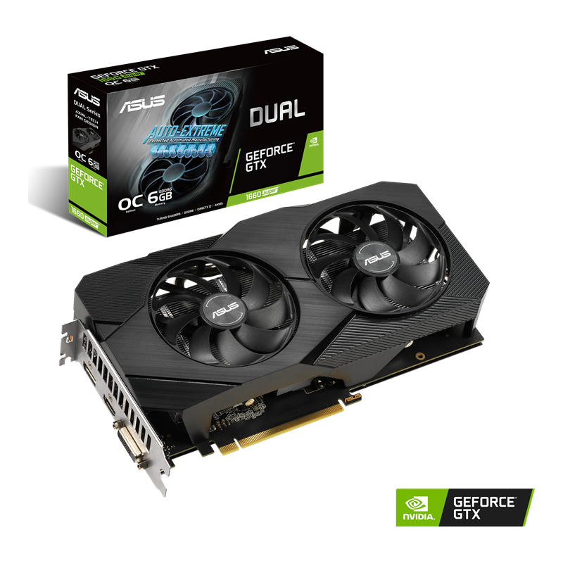Dual GeForce GTX 1660 SUPER OC Edition 6GB GDDR6 EVO packaging and graphics card with NVIDIA logo