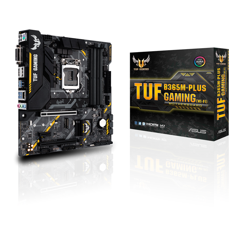 TUF B365M-PLUS GAMING (WI-FI) front view, 45 degrees, with color box