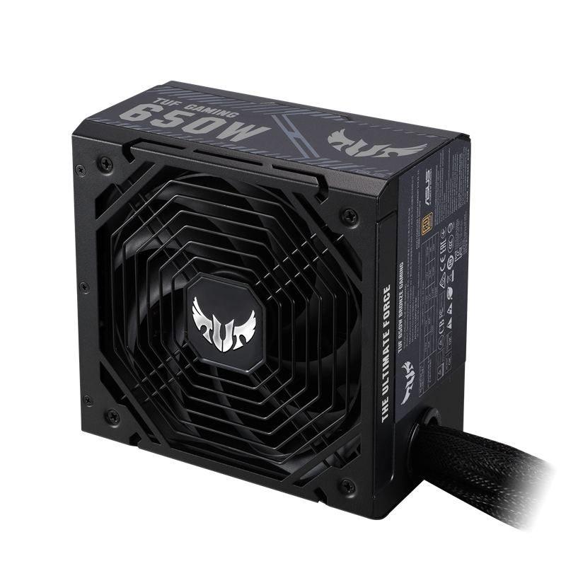 TUF Gaming 650W Bronze upright angle with focus on fan