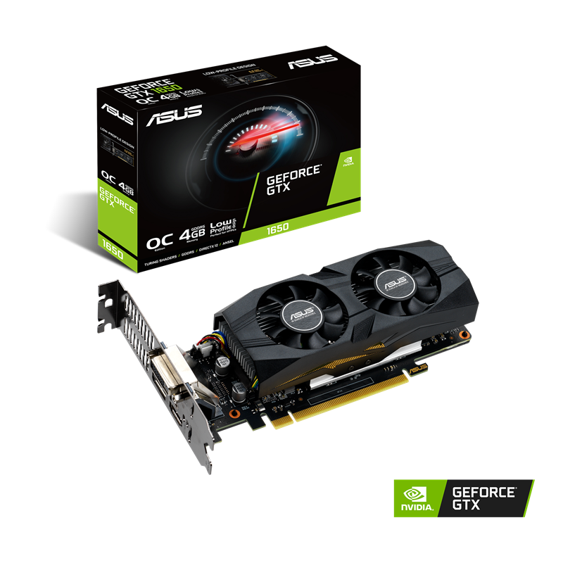 ASUS GeForce GTX 1650 OC edition 4GB GDDR5 Packaging and graphics card with NVIDIA logo