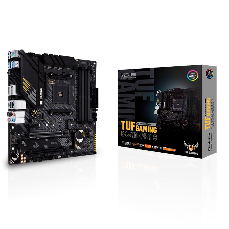 TUF GAMING B450M-PRO S front view, 45 degrees, with color box