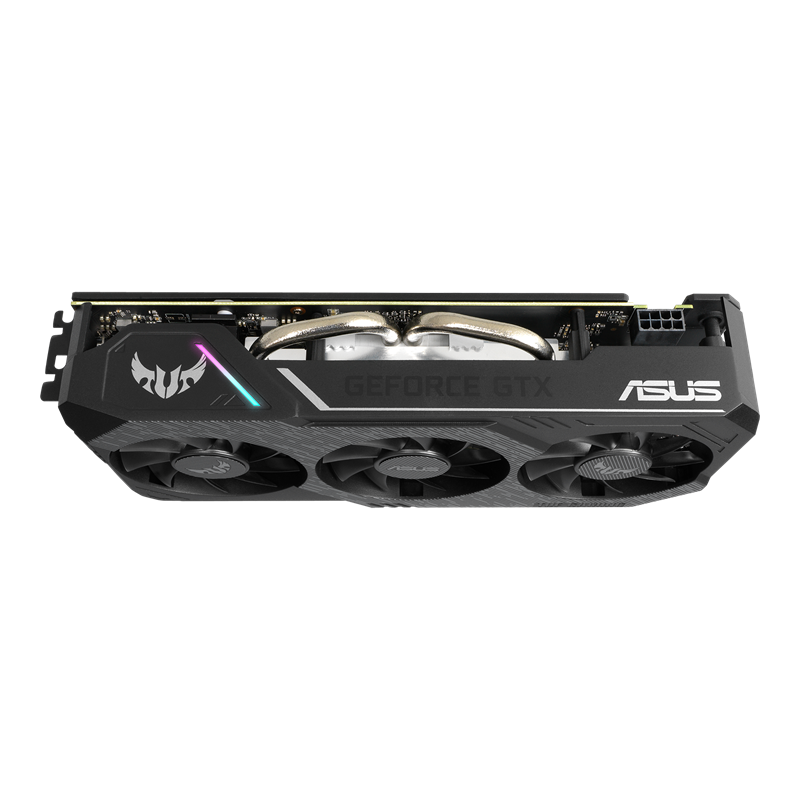 ASUS TUF Gaming X3 GeForce GTX 1660 SUPER OC edition 6GB GDDR6 graphics card, top view, showcasing the heatsink