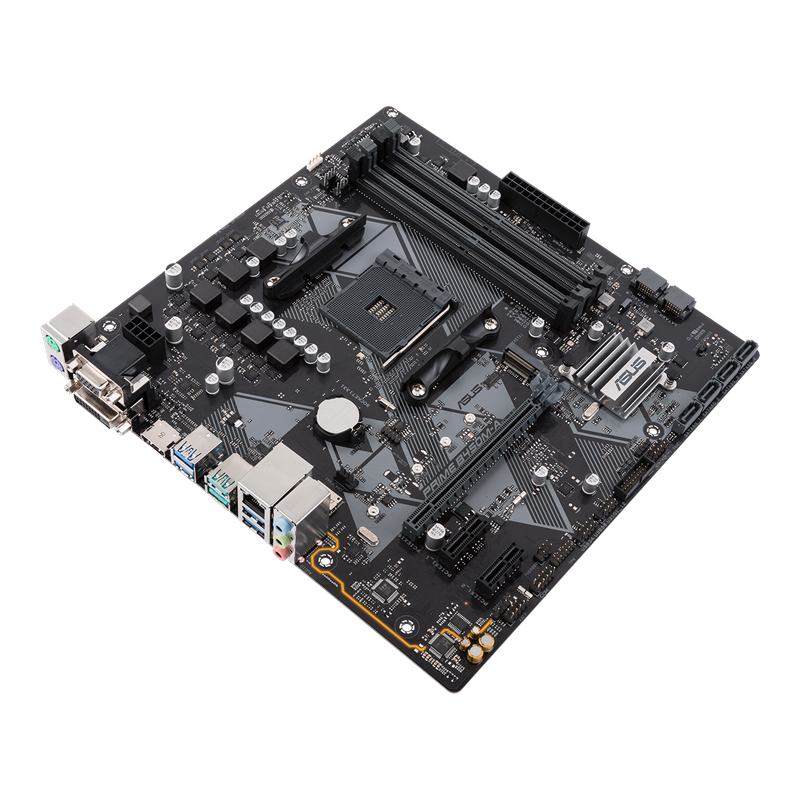 PRIME B450M-A/CSM motherboard, 45-degree right side view 