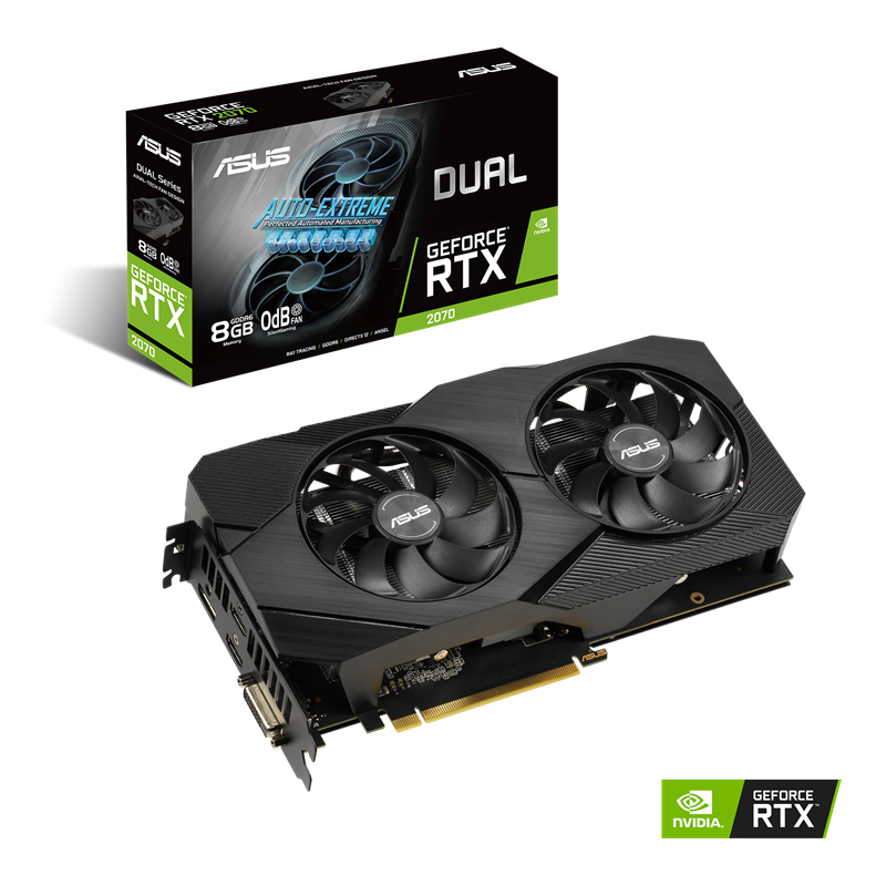 Dual series of GeForce RTX 2070 EVO V2 packaging and graphics card with NVIDIA logo