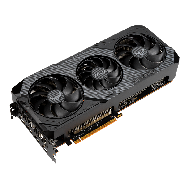 ASUS TUF Gaming X3 Radeon RX 5700 EVO graphics card, front angled view, highlighting the fans, I/O ports
