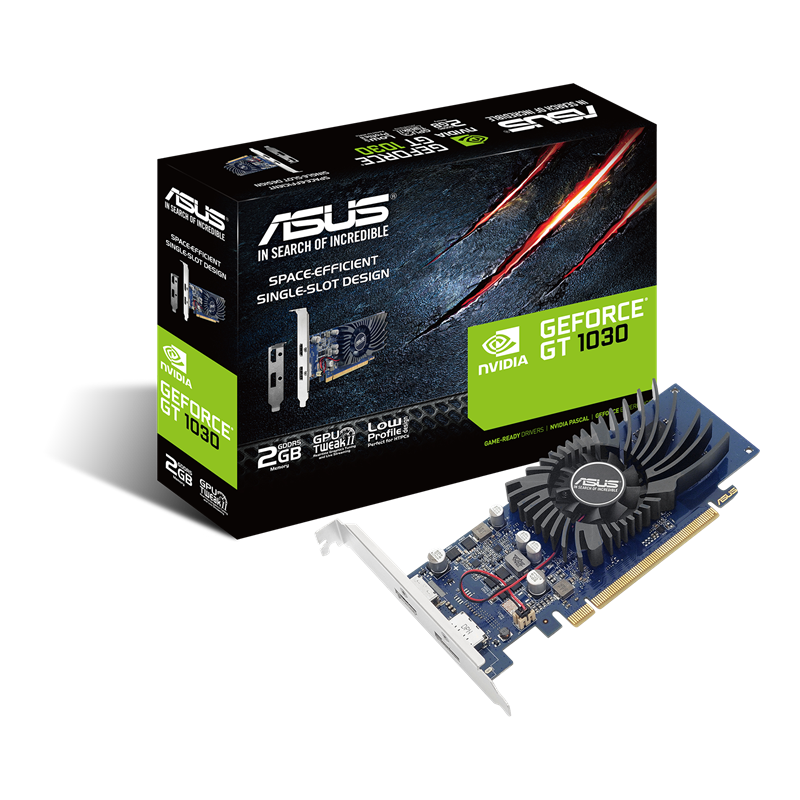 ASUS GeForce GT 1030 2GB GDDR5 packaging and graphics card