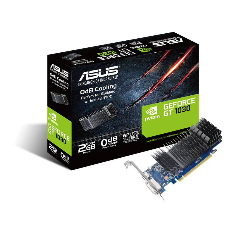 ASUS GeForce GT 1030 2GB DDR4 packaging and graphics card