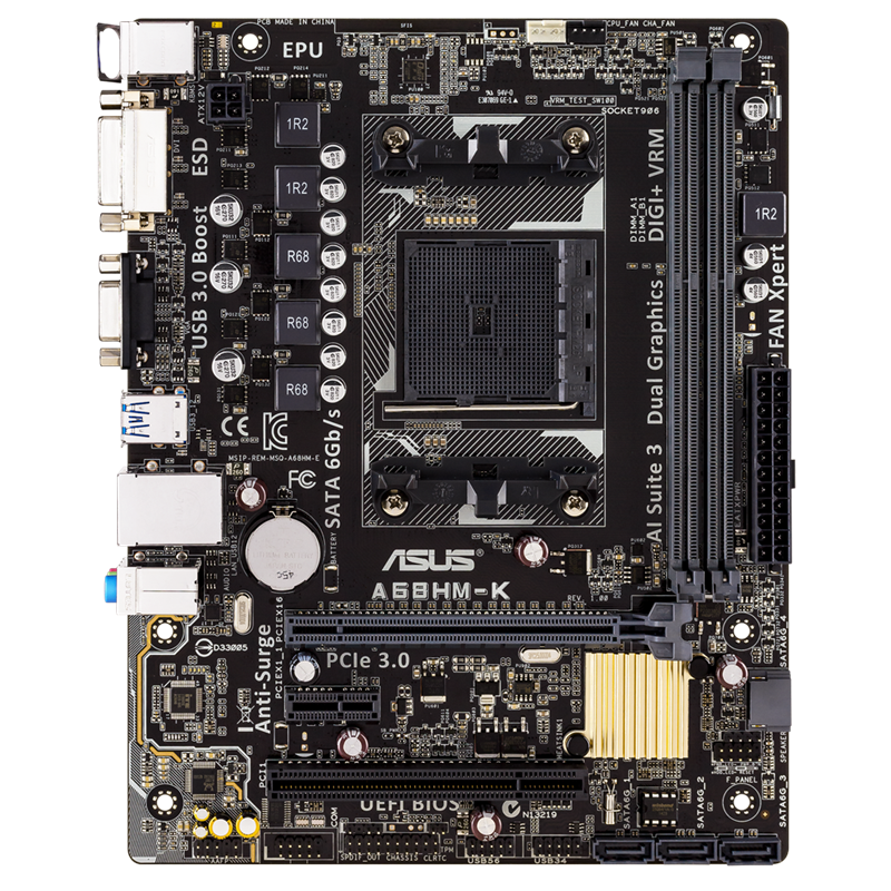A68HM-K motherboard, front view 