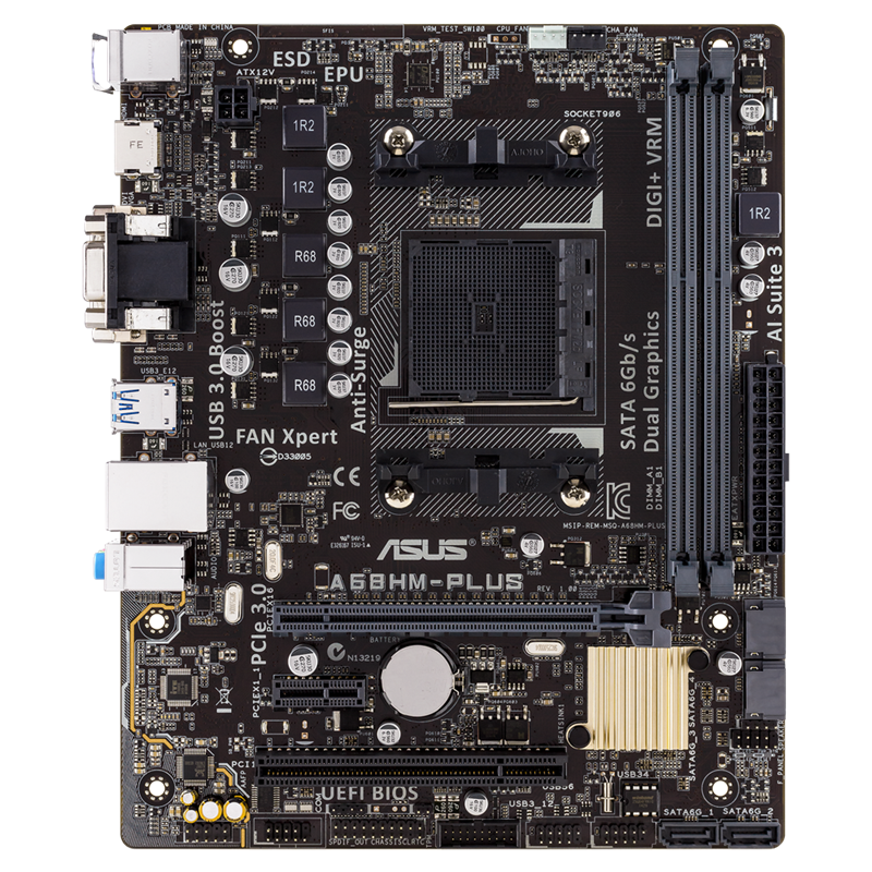 A68HM-PLUS motherboard, front view 