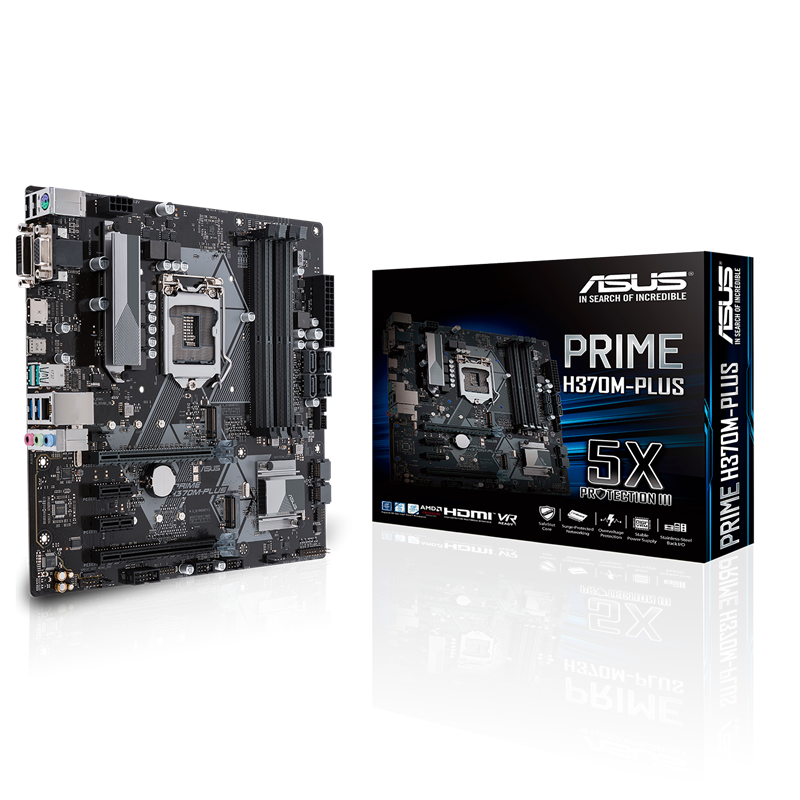 PRIME H370M-PLUS front view, 45 degrees, with color box