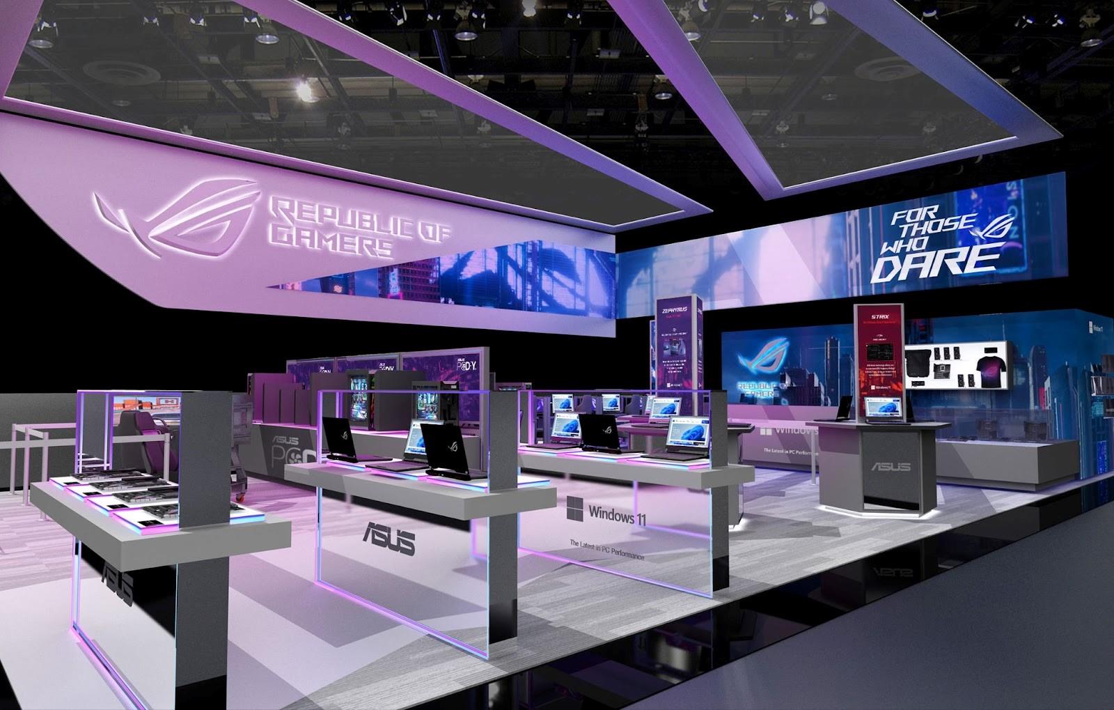 ROG event booth with rows of displays featuring new ROG products