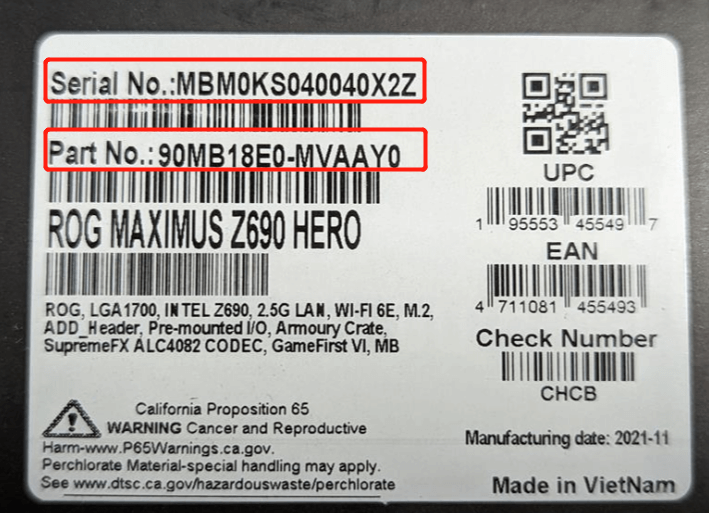 An image of the sticker on the product packaging for ROG Maximus Z690 Hero motherboard, highlighting the Serial Number MBM0KS040040X2Z and Part Number 90MB18E0-MVAAY0