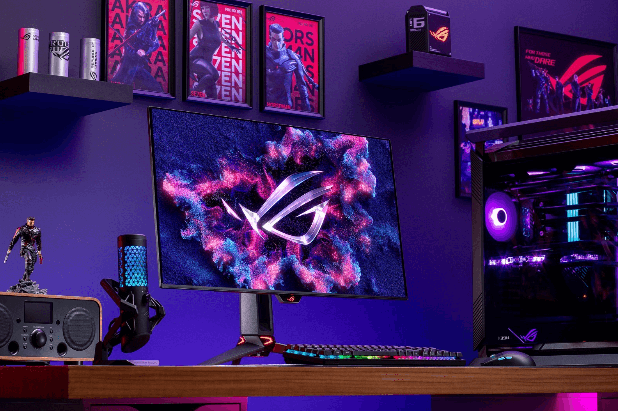 ROG Swift OLED PG32UCDM gaming monitor in a room with a gaming setup
