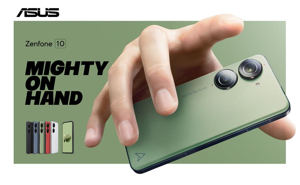 A hand grasping a Zenfone 10 with the text Mighty on Hand