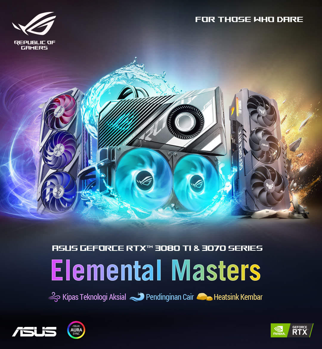 Seri ASUS GeForce RTX 3080 Ti & 3070 Ti: Elemental Masters. Kipas Teknologi Aksial, Pendinginan Cair, Heatsink Kembar