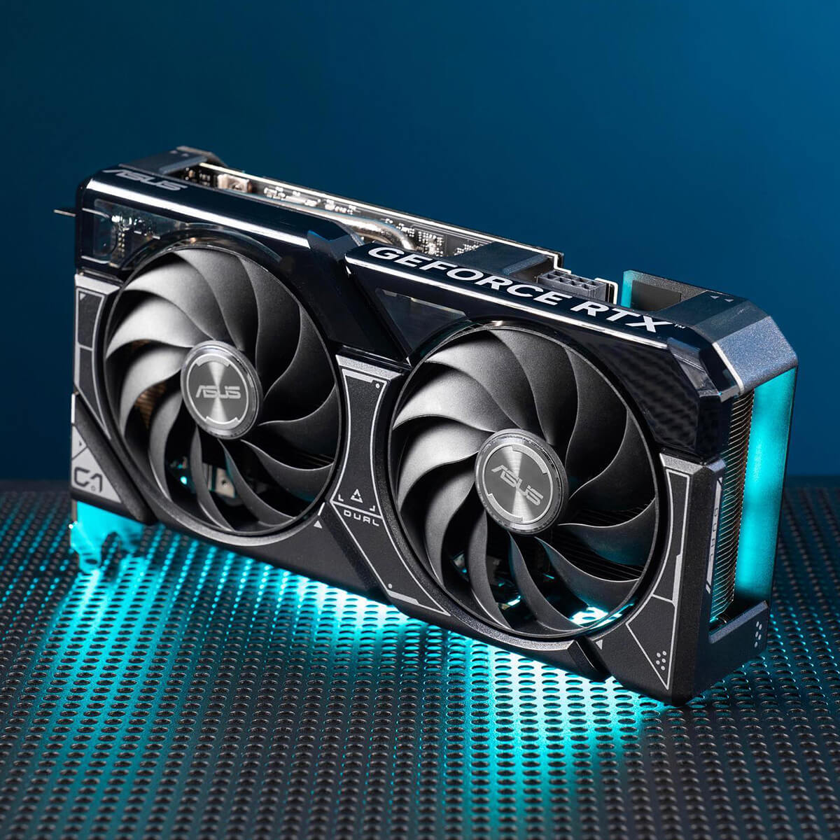 Angled-view of a dual graphics card with neon blue light