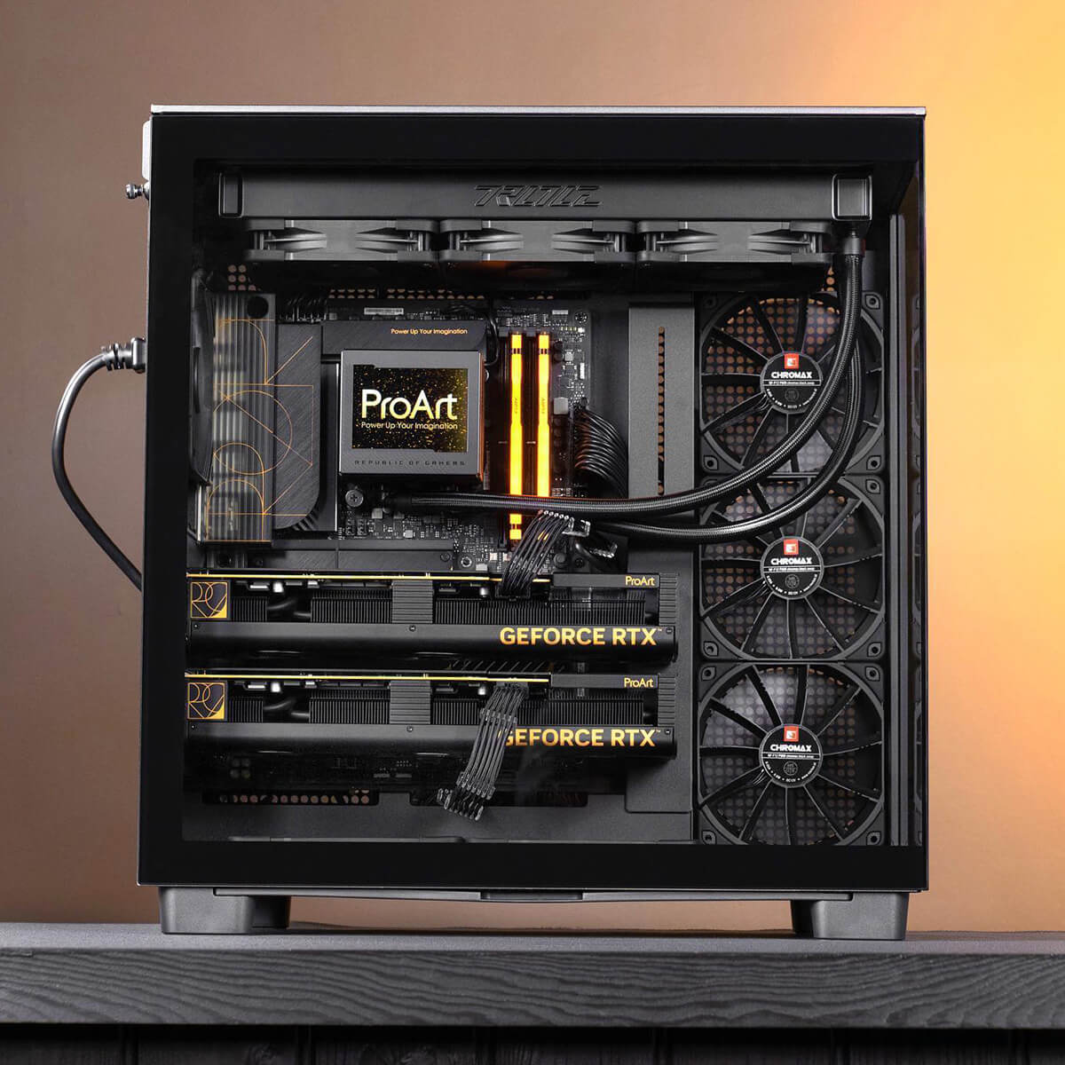 Side view of a full ProArt PC build with two ProArt graphics cards