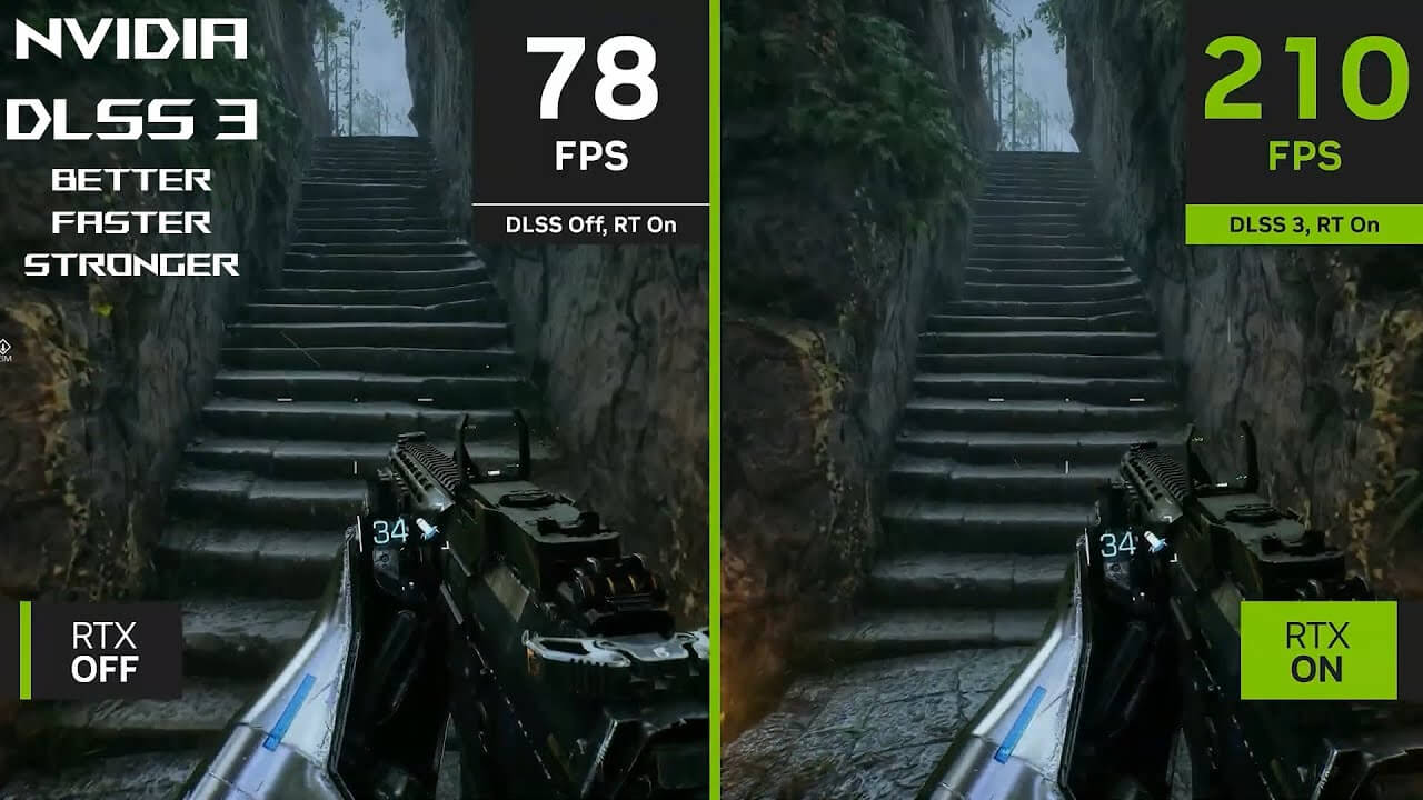 real-time gameplay with ASUS ROG and NVIDIA DLSS 3 on/off comparison