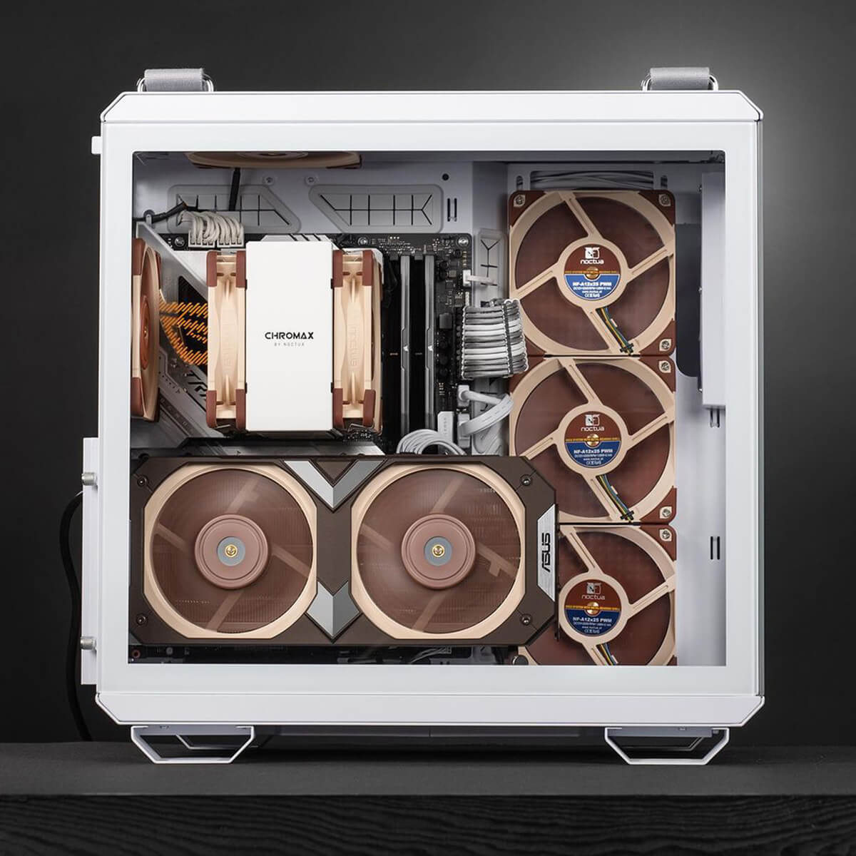 Front view of a full Noctua PC build with a white chassis
