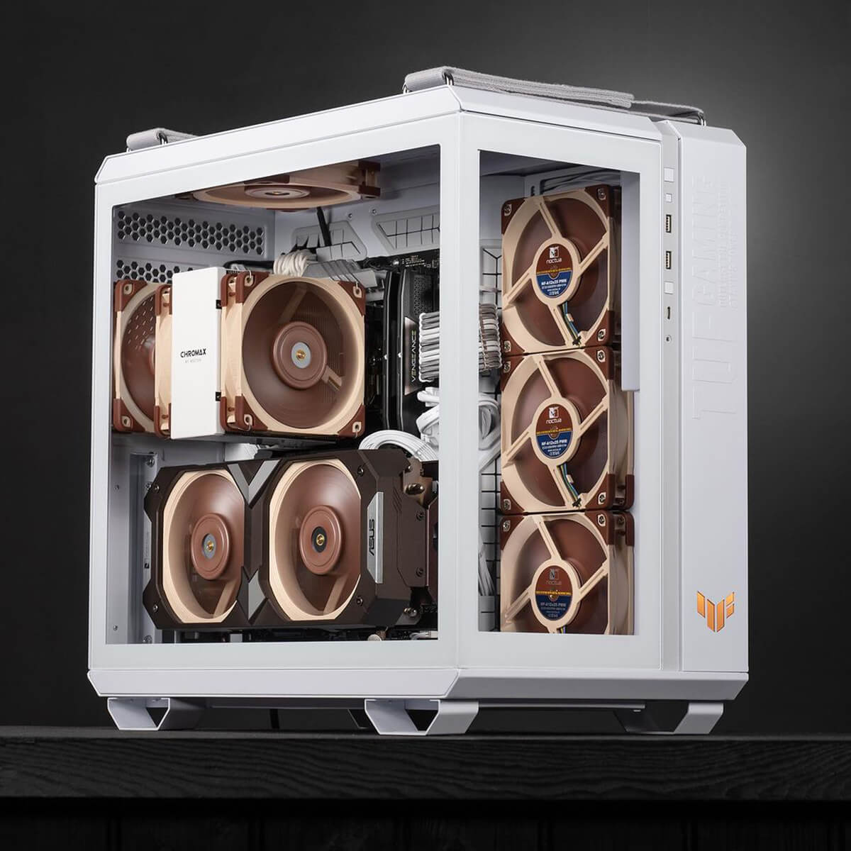 Angled-view of a full Noctua PC build with a white chassis