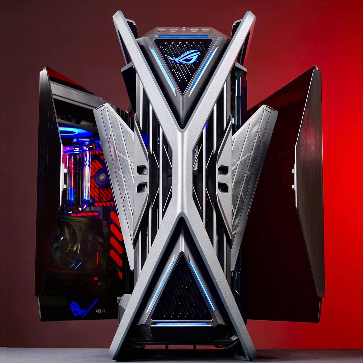 Front view of a power-ranger-liked ROG PC build
