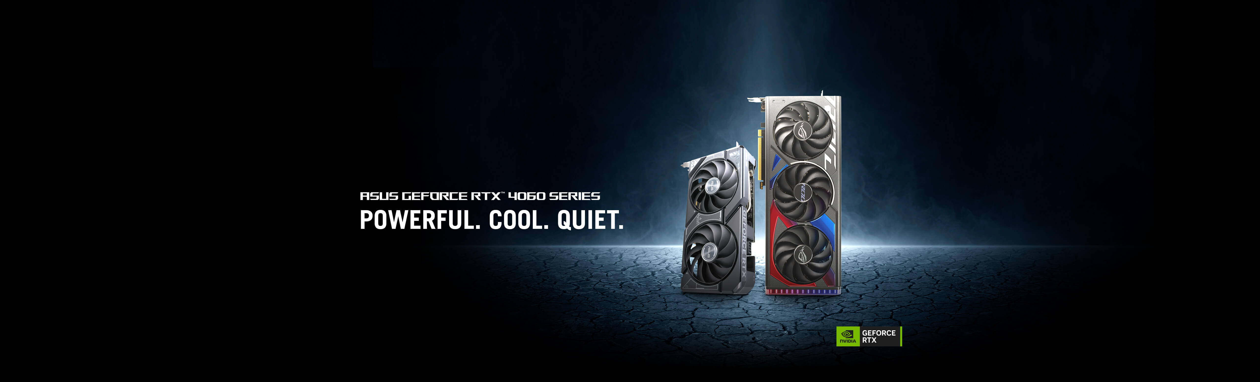 ASUS Dual GeForce RTX™ 4060 和 ROG Strix GeForce RTX™ 4060 顯示卡矗立於乾燥的混凝土地面，背景顯示霓虹燈和霧氣效果