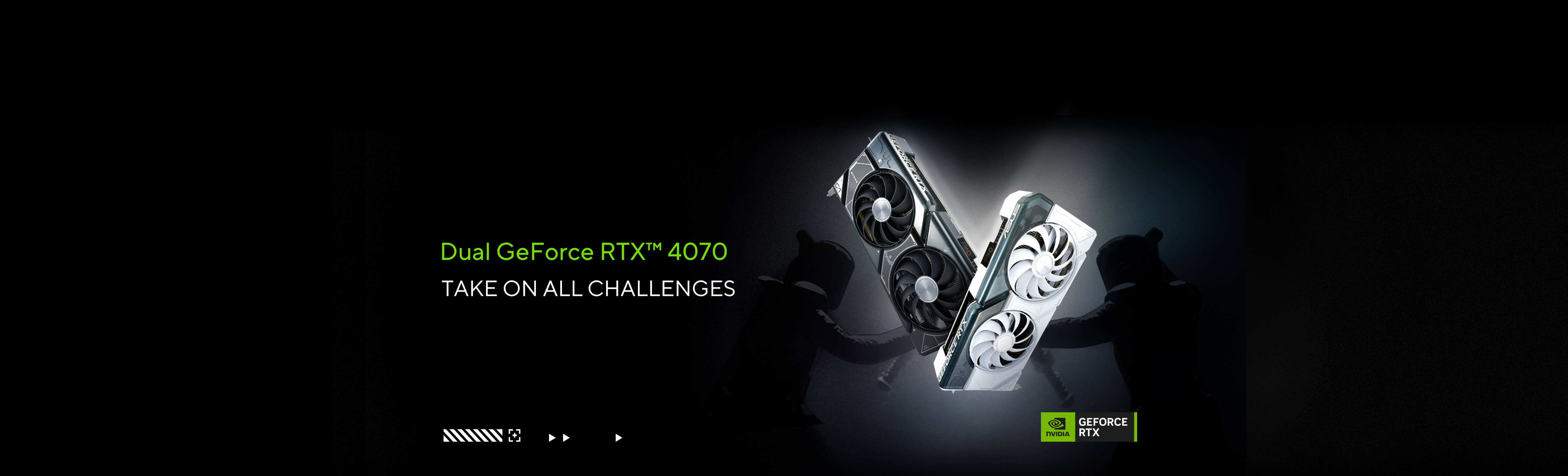 兩名武士手持武士刀，黑白雙色 ASUS Dual GeForce RTX™ 4070 顯示卡取代刀刃，左下角有 NVIDIA GeForce 標誌。