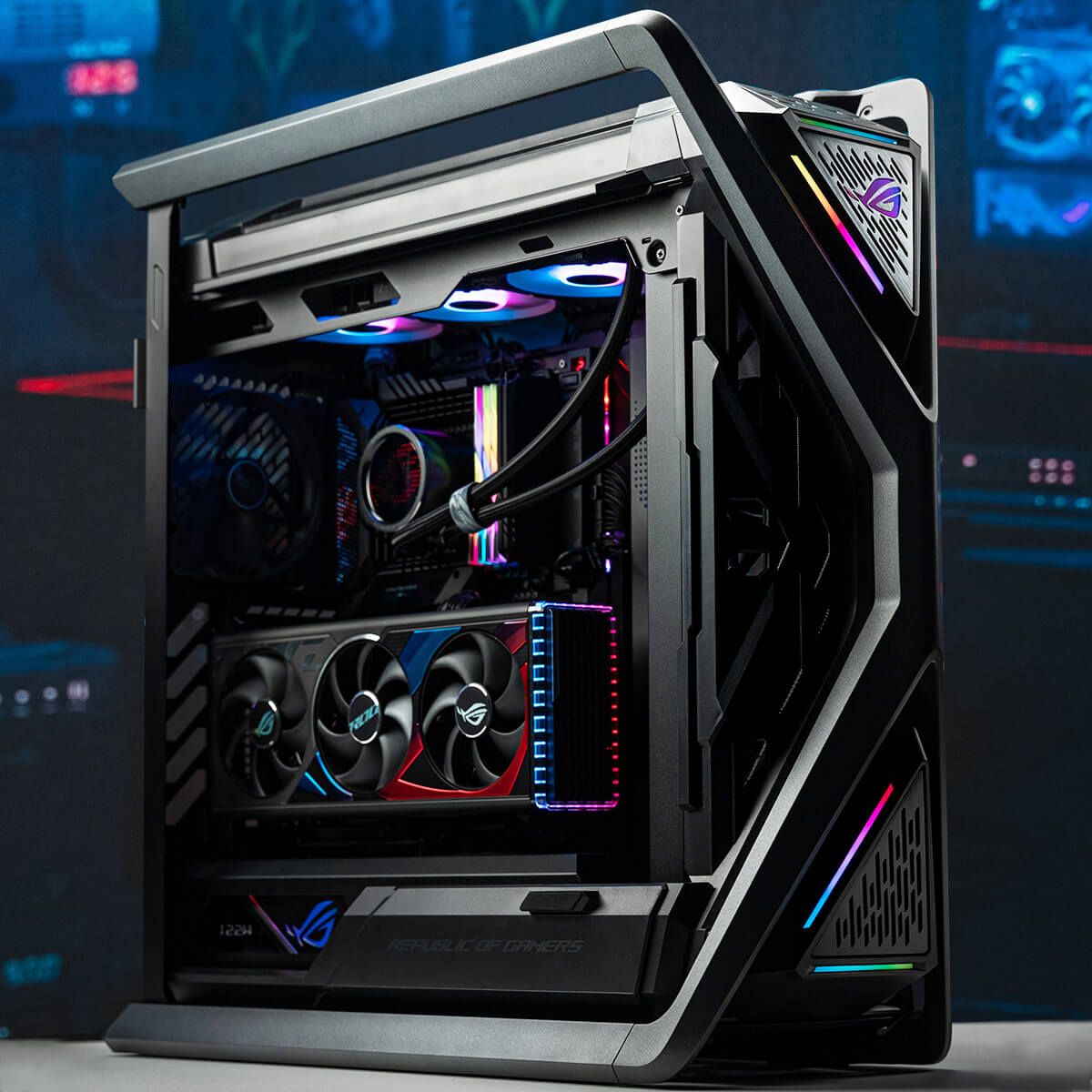 Angled-view of a full ROG PC build with ROG components attached 
