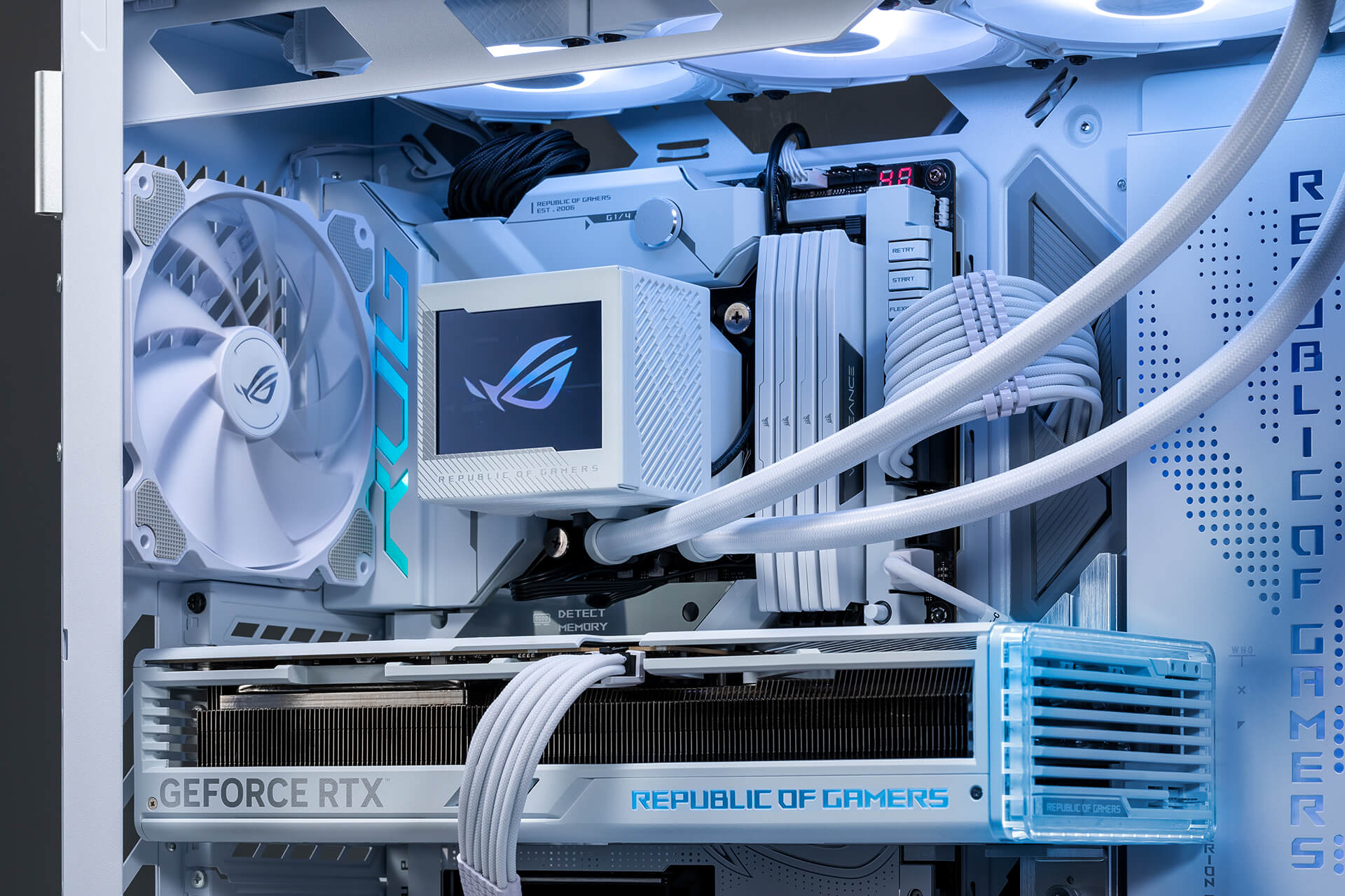 A close-up photo of the ROG Maximus Z790 Formula PC Build paired with the ROG Ryujin III 360 ARGB White Edition.