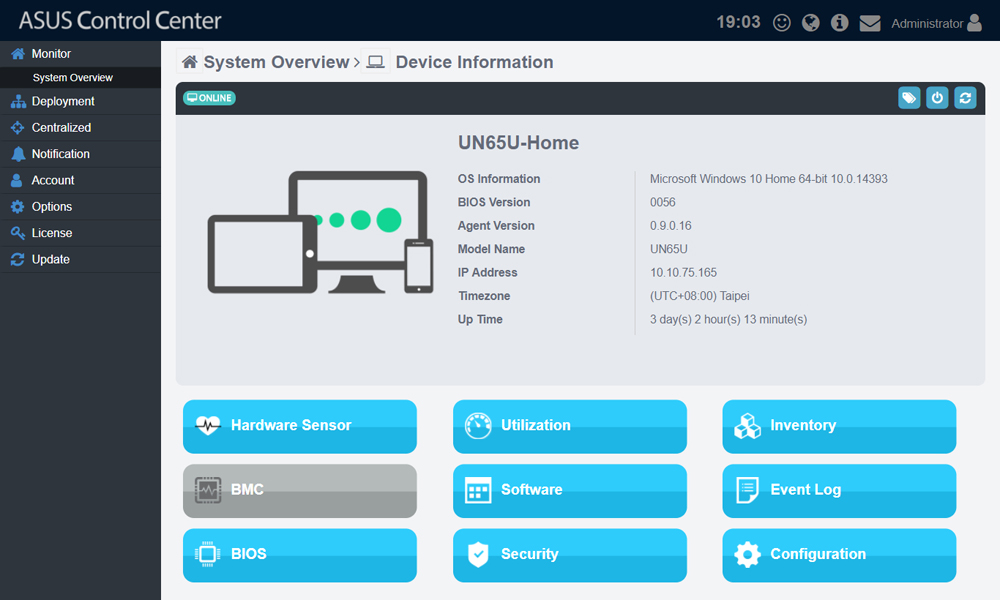 Dashboard UI of ASUS Control Center