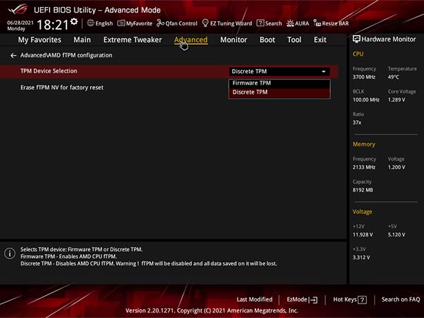 screenshot of the Advanced\AMD fTPM configuration page