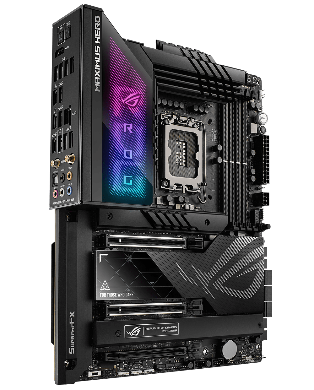 Image with ROG Maximus Z790 Hero motherboard to showcase the connectivity of PCIe 5.0, USB4, WIFI and LAN supports
