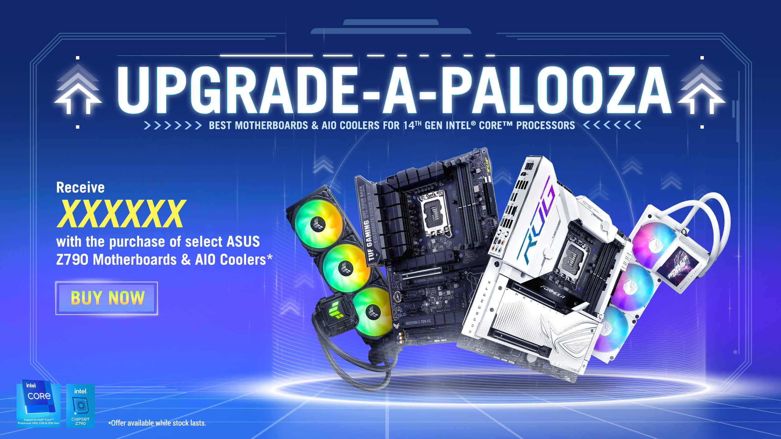 UPGRADE-A-PALOOZA 贈品活動橫幅，展示各種獎品，包括 Intel® Core™ i9 處理器 14900K、ROG MAXIMUS Z790 FORMULA、ROG Strix 1000W Gold Aura Edition、TUF GAMING GeForce RTX™ 4060 Ti 8GB GDDR6 OC Edition、ROG Strix Scope II 96 Wireless、ROG Harpe Ace Aim Lab Edition、ROG Delta S Core、ROG Strix XG259QN