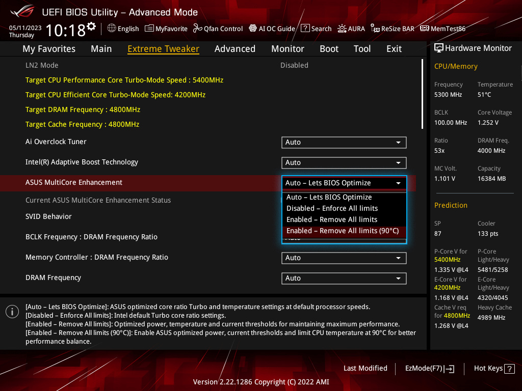 UI of ASUS MultiCore Enhancement