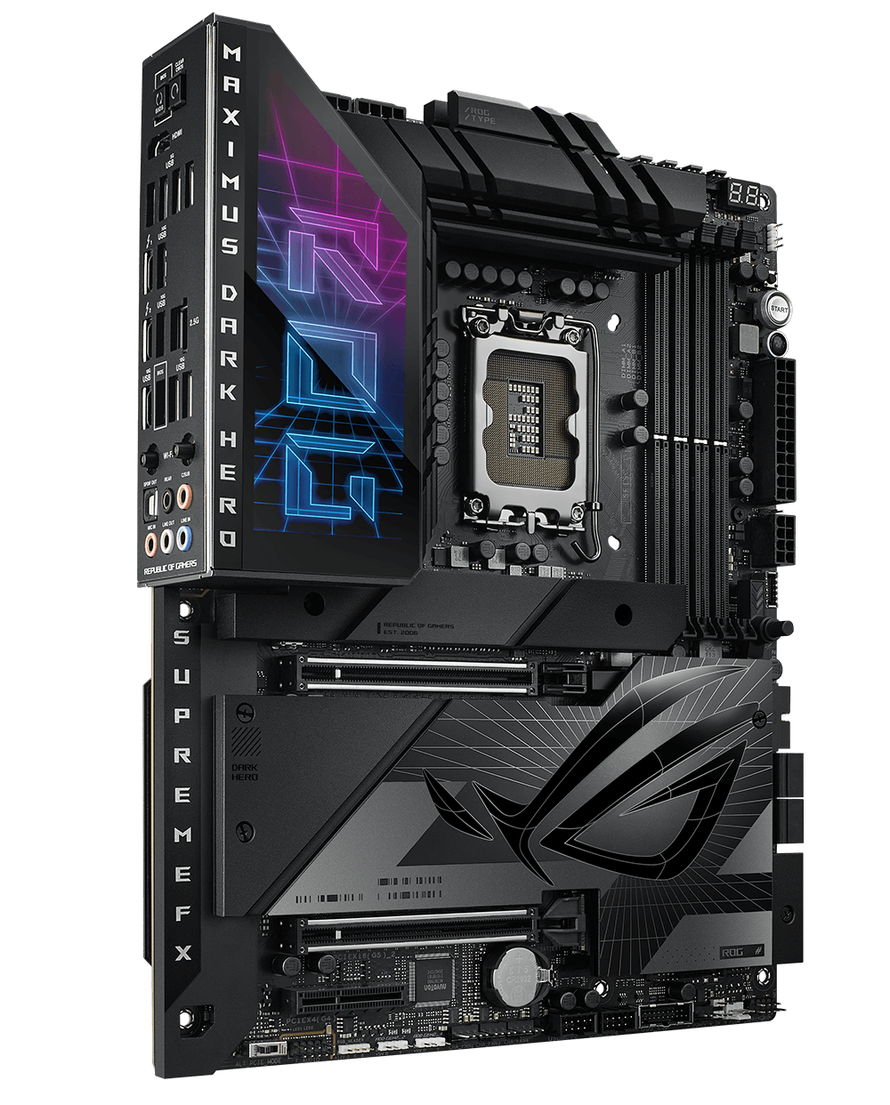 Image with ROG Maximus Z790 Hero motherboard to showcase the connectivity of PCIe 5.0, USB4, WIFI and LAN supports