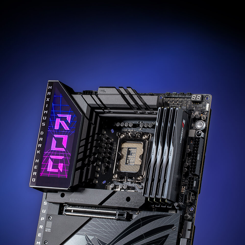 ROG Z790 Dark Hero front angle with 4 sticks of DDR5 RAM