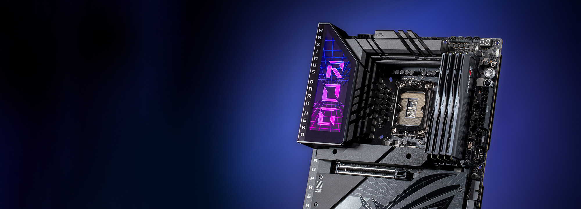 ROG Z790 Dark Hero front angle with 4 sticks of DDR5 RAM