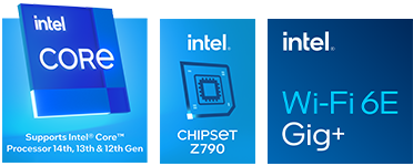 intel CORE, intel CHIPSET Z790, intel Wi-Fi 6E Gig+ logos