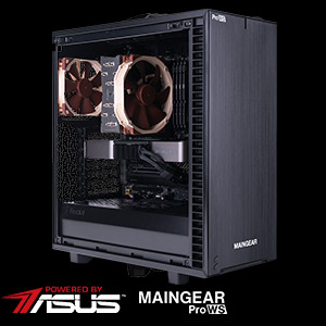 MAINGEAR Pro WS Custom Workstation left hero angle with Powered by ASUS and MAINGEAR logos