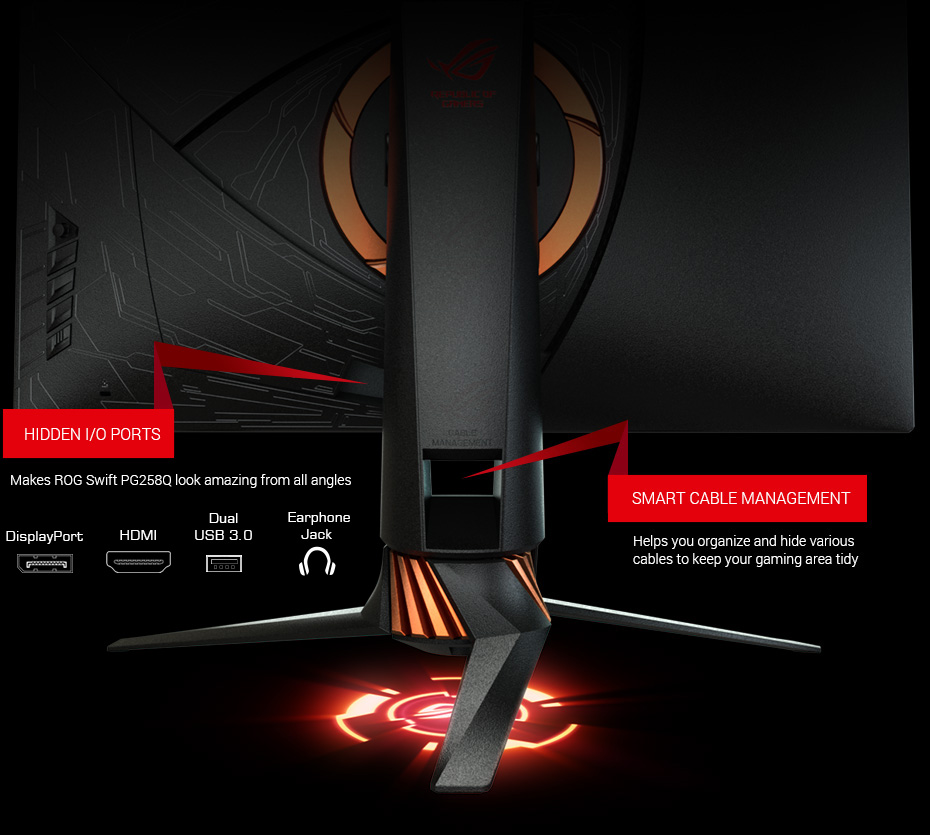 Image result for Robust Connectivity and Cable Management ROG Swift PG258Q has a wide selection of connectivity options including DisplayPort 1.2 and HDMI. There are also two USB 3.0 ports for your mouse and keyboard.