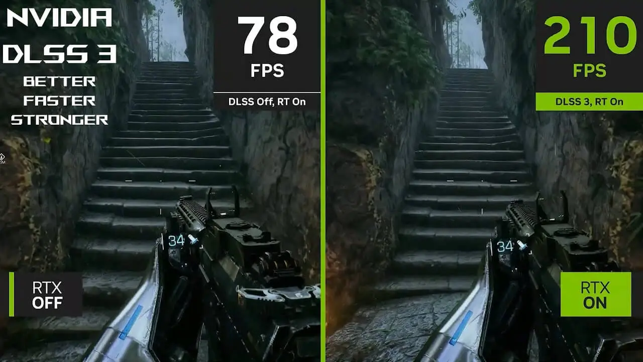 real-time gameplay with ASUS ROG and NVIDIA DLSS 3 on/off comparison