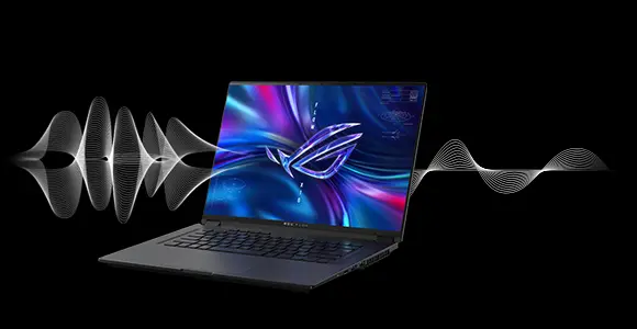 The ROG Flow X16 laptop on a black background with white sound waves behind the screen.