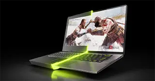 Image of God of War on a laptop screen, with the left half of the machine being much thicker with larger bezels, and the right half showing more modern thin and light gaming laptops.